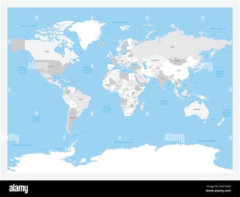 Light Grey Political World Map On Solid Blue Background Vector