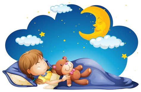 Niña Durmiendo Con Teddybear En La Noche Vector Premium