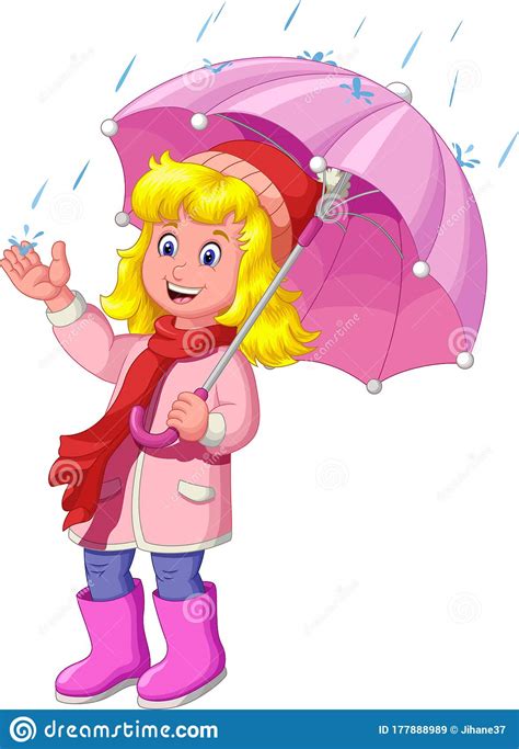 Cute Girl With Pink Umbrella In Rainy Day Cartoon Stock Illustration