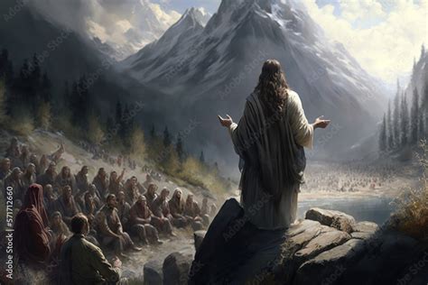 Jesus Teaching On Top Of The Rock In The Mountains Sermon Of The