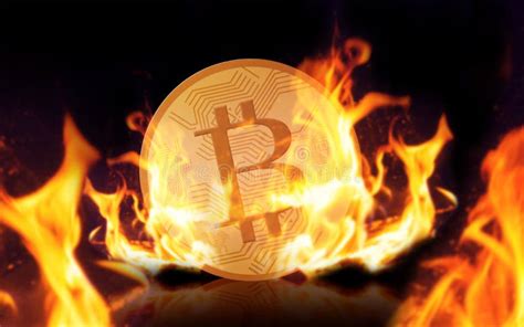 Gold Bitcoin On Fire Over Black Background Stock Illustration
