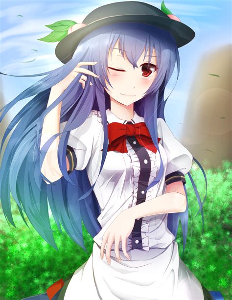 Wallpaper Illustration Long Hair Anime Girls Blue Hair Hat Red