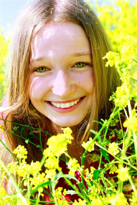Girl With Long Hair In Yellow Flowers Stock Image Image Of Flower