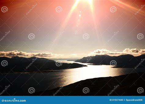 Sunset Norway Fjords With Light Leak Silhouette Background Stock Photo