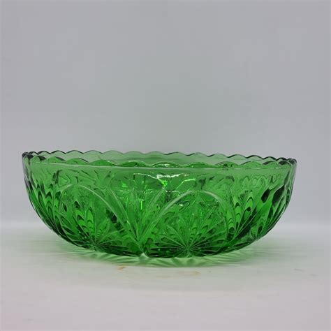 Vintage Green Glass Crystal Cut Bowl Pressed Glass Serving Etsy