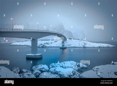 Snowy Bridge In The Lofoten Islands Stock Photo Alamy