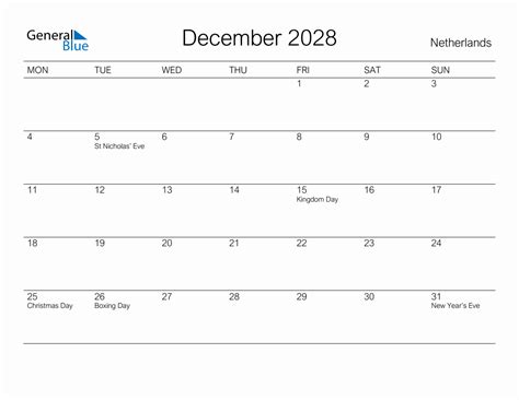 Printable December 2028 Monthly Calendar With Holidays For Netherlands
