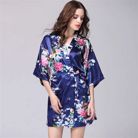 Women Sleepwear Silk Satin Robe Floral Bathrobe Short Kimono Night Robe