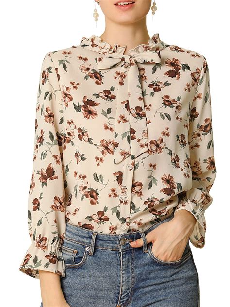 Unique Bargains Womens Floral Ruffle Tie Neck Long Sleeve Casual Blouse Shirt