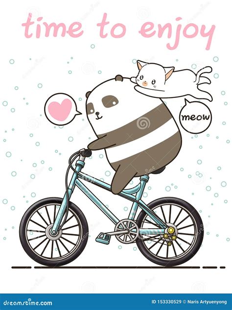 Kawaii Panda Is Riding A Bicycle With A Cat Stock Vector Illustration