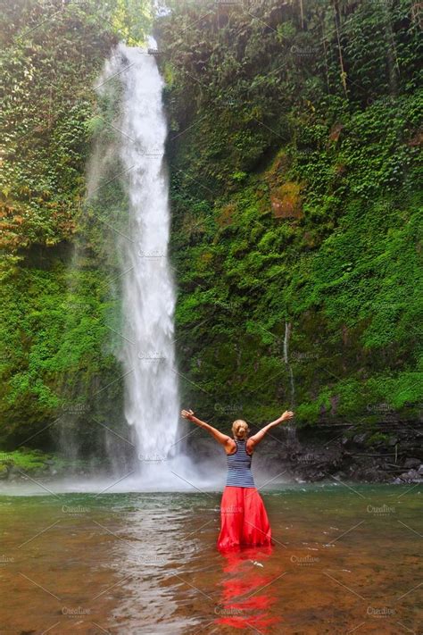 Woman Stand In Pool Under Waterfall Featuring Waterfall Jungle And Hike Waterfall Woman