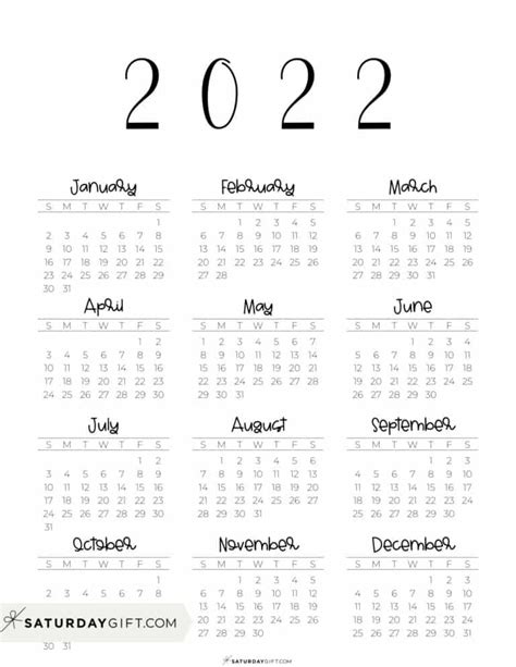Blank Yearly Calendar 2022 Horizontal Layout Printable Calendar 2022