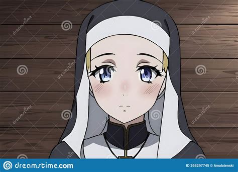 Shy Anime Manga Girl In A Nun Outfit Standing In A Monastery Generative AI Stock Illustration