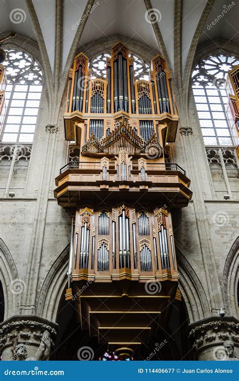 Pipe Organ Of Saint Michael Cathedral In Brussels Editorial Photography