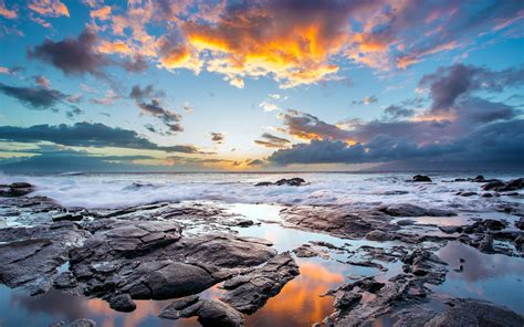Sunset Clouds Landscapes Nature Coast Waves Rocks Hawaii Usa Hdr
