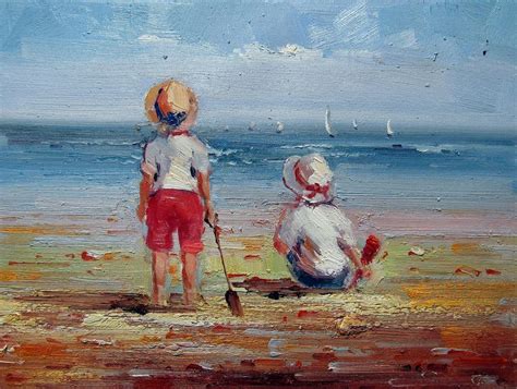 12 X 16 Inches Children Play At The Beach A32 Oil On Canvas