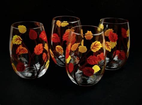4 Fall Leaf Stemless Painted Wine Glasses Autumn Leaf Wine Etsy Hand Painted Wine Glasses