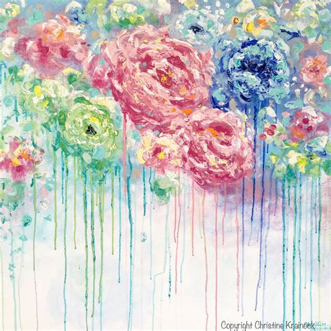 Original Art Abstract Flower Painting Large Canvas Blue Colorful Rose