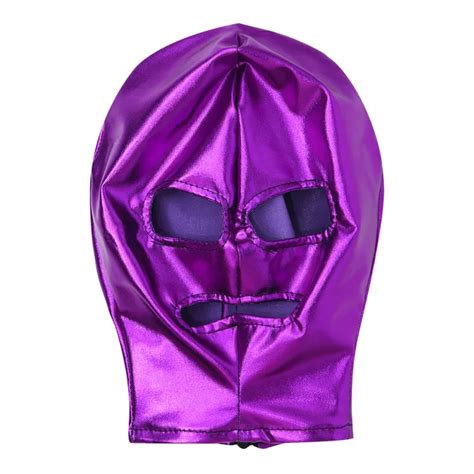 Women Latex Shiny Metallic Face Cover Blindfold Head Open Eyes And