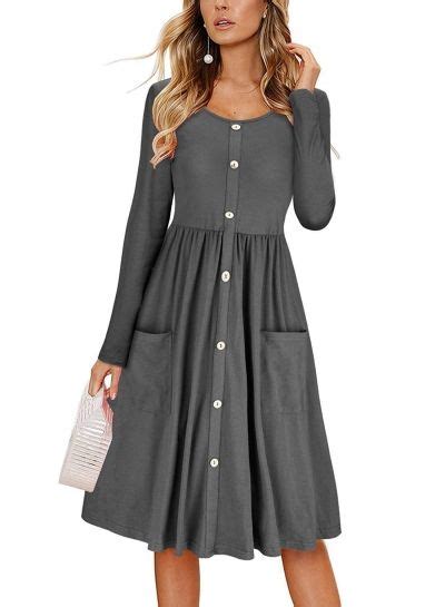 Casual Round Neck Long Sleeve High Waist Button Down Dress With Pockets