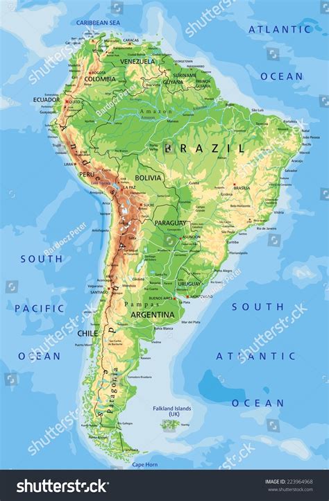 High Detailed South America Physical Map With Labeling Stock Vector