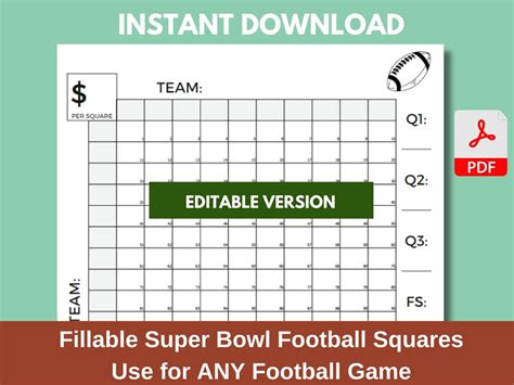 Football Squares Template Fillable Super Bowl Squares Game Printable