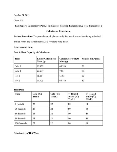 SOLUTION Lab Report Calorimetry Part 2 Enthalpy Of Reaction Experiment