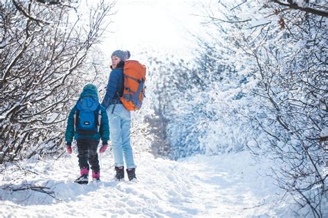 Woman With A Child On A Winter Hike In The Mountains 4889097 Stock