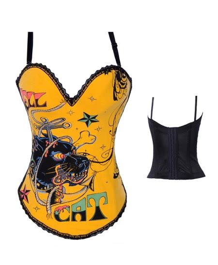 Latex Corset Gothic Women Lion Printed Yellow Cotton Pin Up Sexy