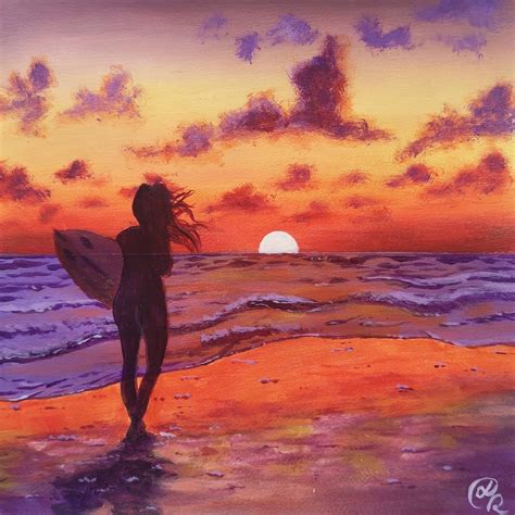 Sunset Surfer Girl By The Ocean Acrylic Painting Etsy