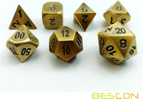 Bescon Brass Solid Metal Polyhedral Dandd Dice Set Of 7 Copper Metal Rpg