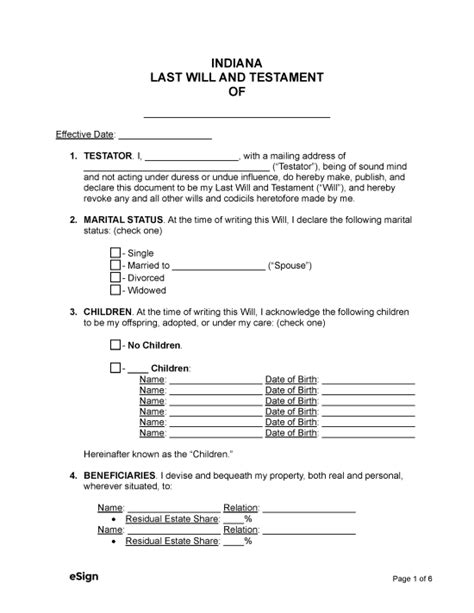 Free Indiana Last Will And Testament Template Pdf Word