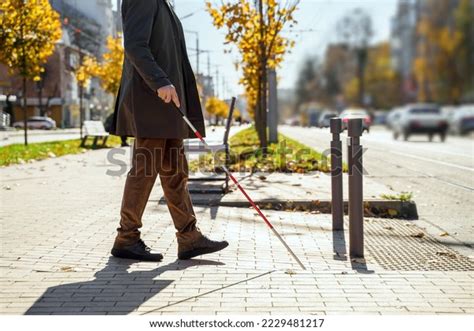 Closeup Blind Man Walking Stick Detects Stock Photo 2229481217