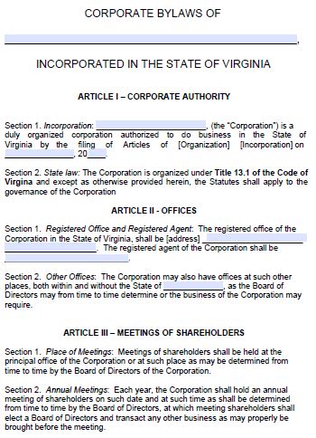virginia corporate bylaws template  word