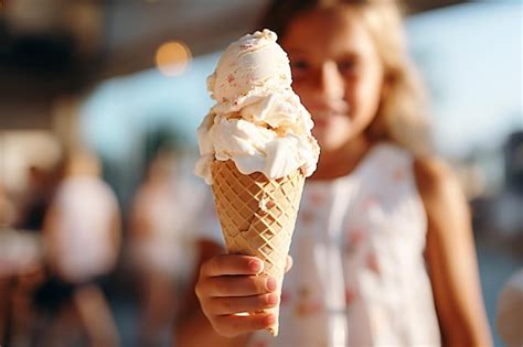 Premium Ai Image A Girl With Curly Hairs Holds Ice Cream In Her Hands Generative Ai