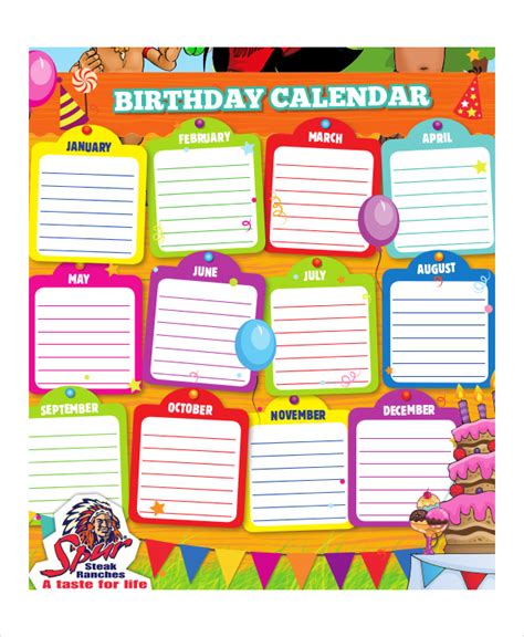Calendar Birthday Template Printable Year Calendar