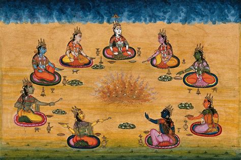 Nine Female Deities Performing A Yagna A Fire Sacrifice An Old