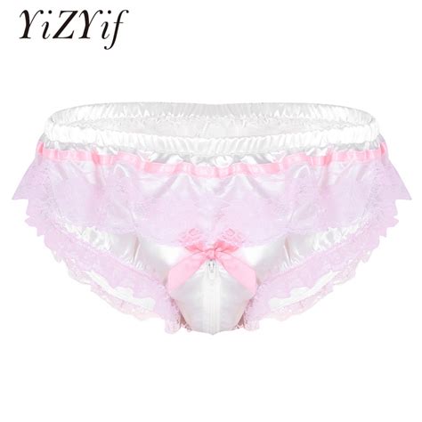 Yizyif Sexy Men Underwear Gay Sissy Panties Shiny Soft Satin Ruffled Gay Floral Lace Zipper