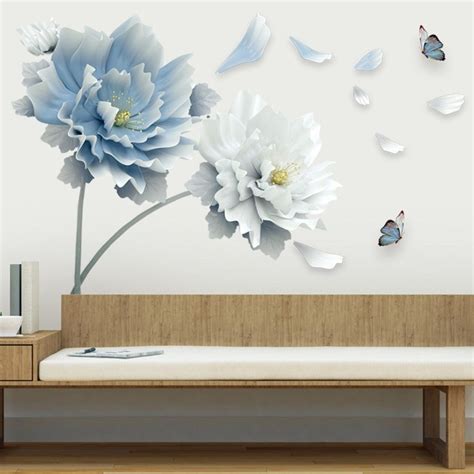 Large White Blue Flower Lotus Butterfly Removable Wall