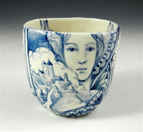 Blue And White Porcelain Hand Painted Story Cup With Faces Rabbit Eye