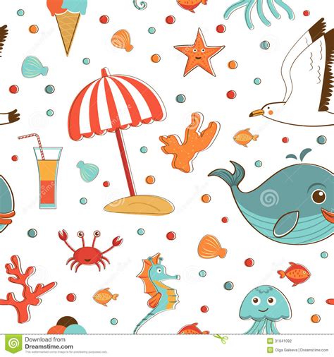 Sea Creatures And Vacation Related Items Pattern Stock Vector
