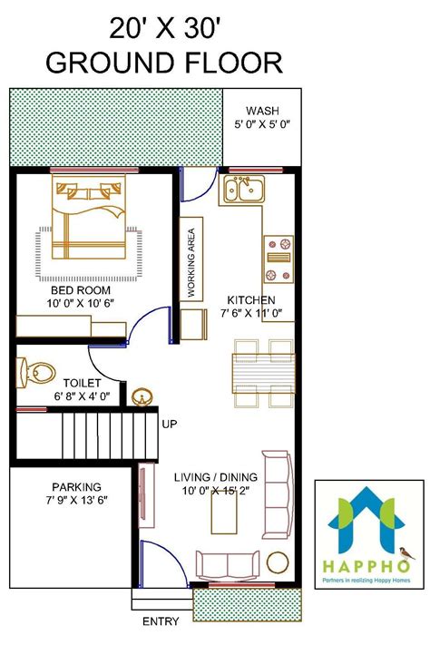 Vastu Complaint 1 Bedroom BHK Floor Plan For A 20 X 30 Feet Plot 600