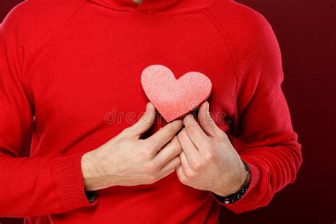 Young Handsome Man With A Red Heart In His Hands On Valentine Day Stock Image Image Of