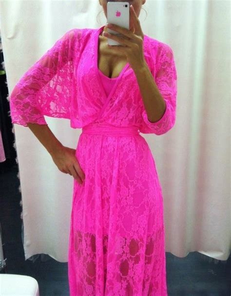 Dress Summer Dress Lace Pink Neon Beach Pink Dress Hot Pink