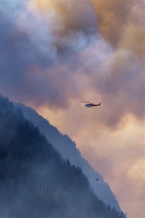 Wildfire Service Helicopter Flying Over Bc Forest Fire And Smoke On The