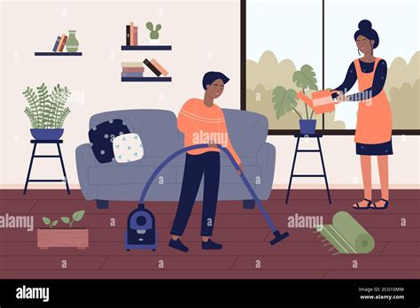 Spring general cleaning home work flat vector illustration. African american black couple people ...