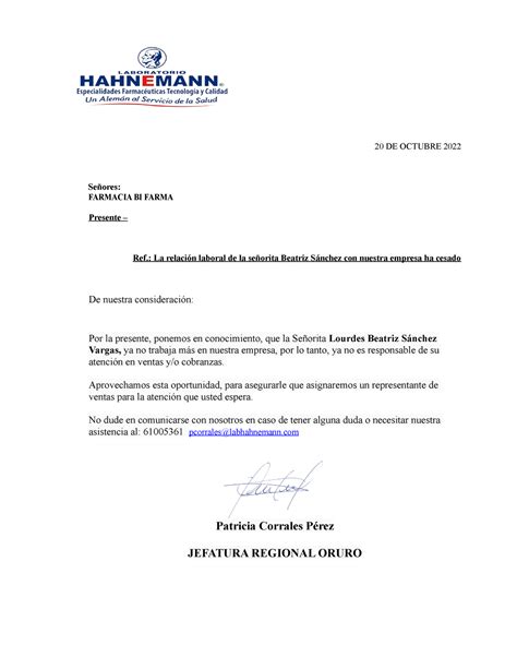 Carta Alejamiento Empleado Oruro 20 De Octubre 2022 Señores Farmacia