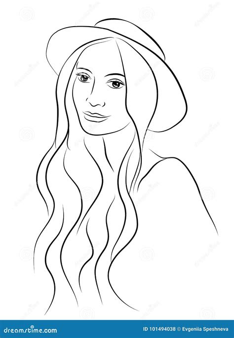 Portrait Of Beautiful Young Charismatic Woman In Hat Sketch Hand Drawn