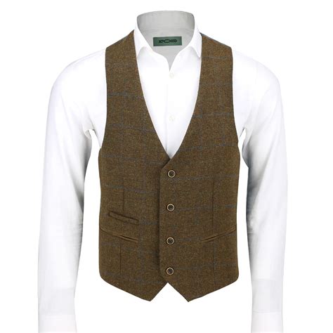 Mens Vintage Tweed Check Herringbone Waistcoat Casual Retro Grey Brown