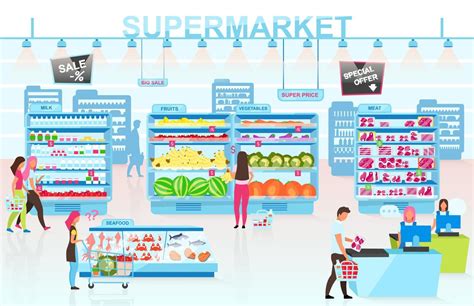 Supermarket Interior Flat Vector Illustration People Buying Goods In